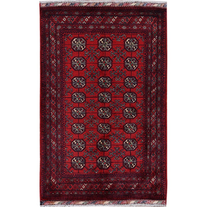 2'7"X4' Red Princess Bokara Geometric Pattern Hand Knotted Wool Sample Rug