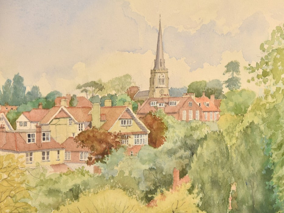 Ferris Honey Large British Signed Village Watercolor Framed Church Landscape