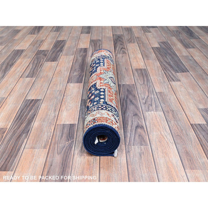 2'7"X7'9" Blue Runner Armenian Inspired Caucasian Design Wool Oriental Rug