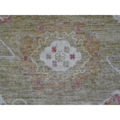 8'1"X9'7" Green Afghan Angora Oushak Leaf Design Wool Hand Knotted Rug