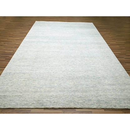 9'1"X12' Pearl White Modern Grass Design Hand Knotted Vibrant Wool Rug