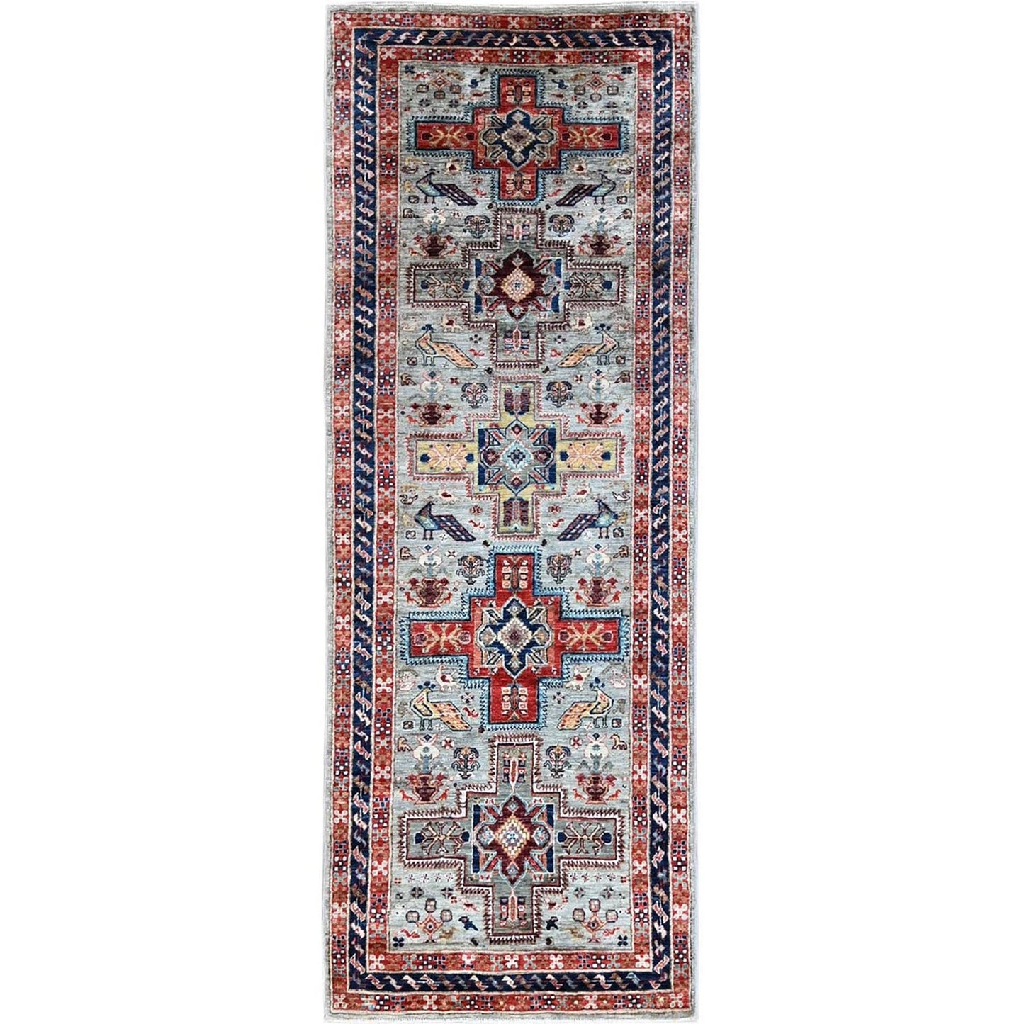 2'8"X7'5" Gray Caucasian Design Hand Knotted Pure Wool Runner Oriental Rug
