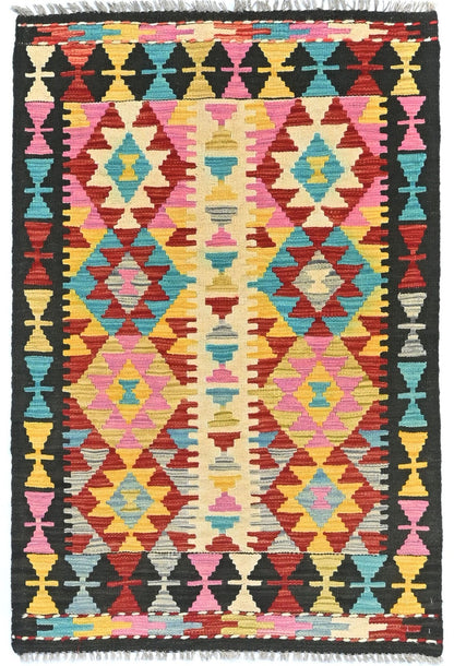 Rug Geometric Design Reversible Small Kilim Oriental Carpet Multicolored