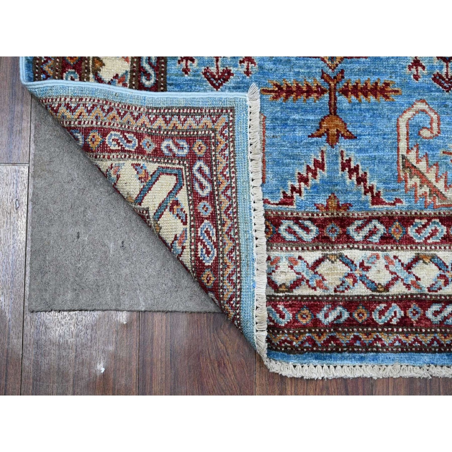 2'9"X8'8" Copen Blue Super Kazak Hand Knotted Medallions Wool Runner Rug