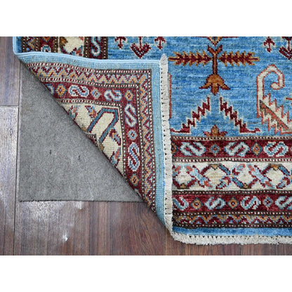 2'9"X8'8" Copen Blue Super Kazak Hand Knotted Medallions Wool Runner Rug