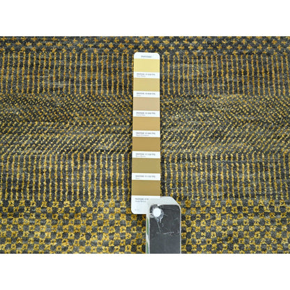 9'2"X12'6" Bone Brown Modern Grass Design Hand Knotted Wool And Silk Rug