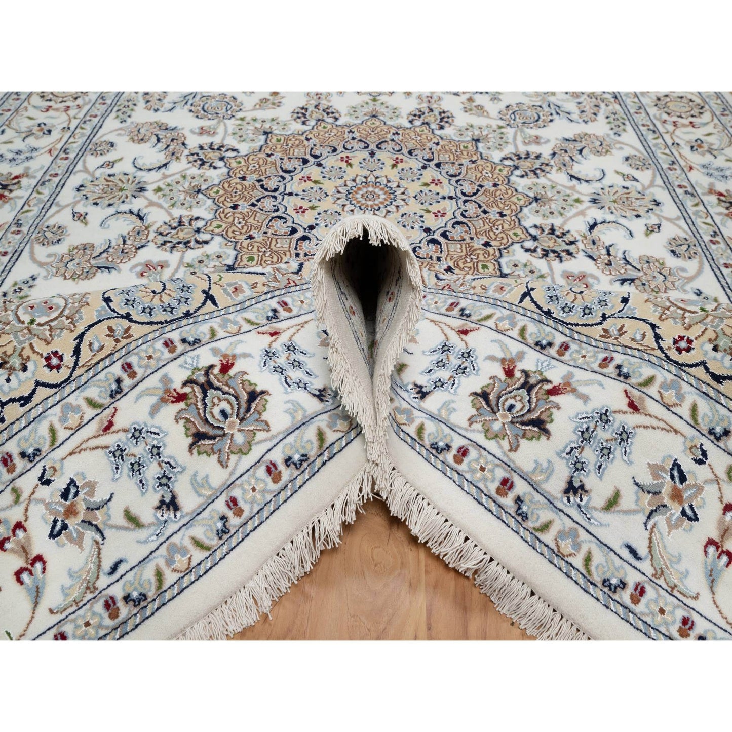 5'10"X9'2" Pearl White, 250 Kpsi, Hand Knotted Nain Wool And Silk Rug