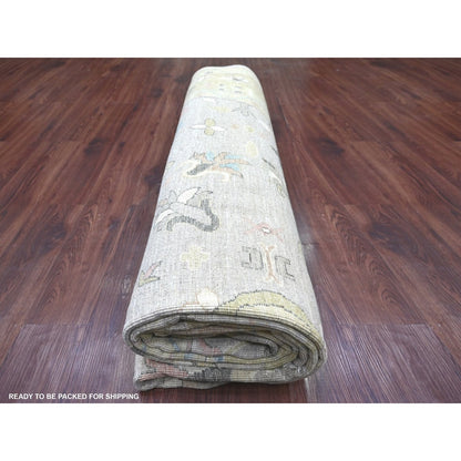 9'3"x12'2" Gray Peshawar with Serrated Gul Motif Hand Knotted Wool Rug