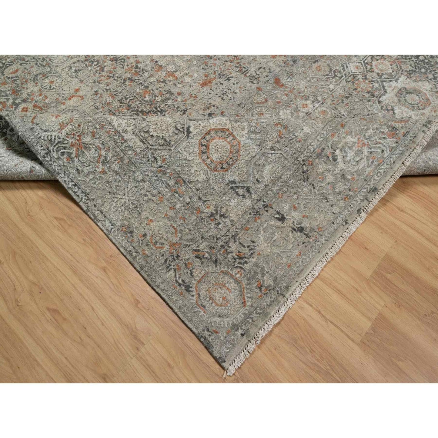 7'9"X10' Gray Broken And Erased Mamluk Design Hand Knotted 100% Wool Rug