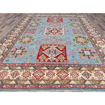 9'X11'9" Blue Hand Knotted Kazak Tribal Pattern Pure Wool Oriental Rug