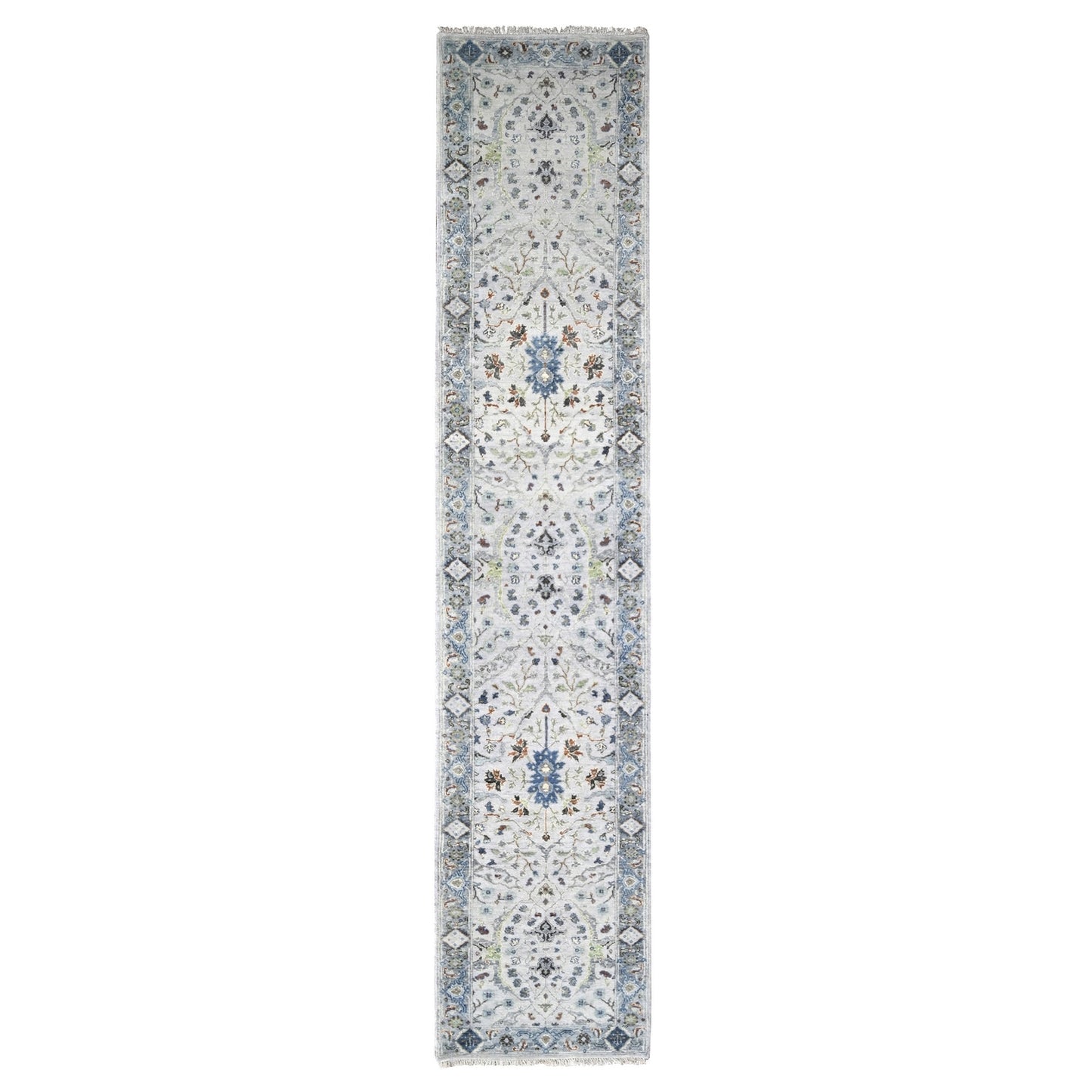 2'6"X11'9" Ivory Oushak With Floral Motifs Hand Knotted Wool Runner Rug