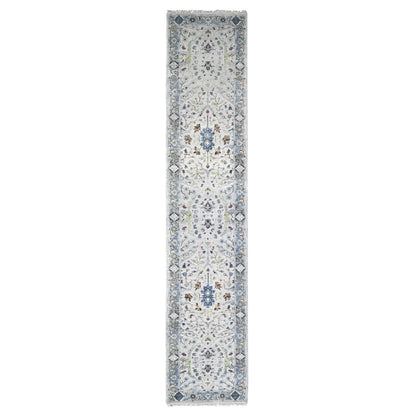 2'6"X11'9" Ivory Oushak With Floral Motifs Hand Knotted Wool Runner Rug