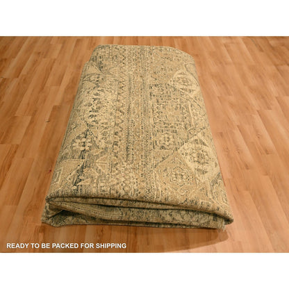 10'X13'8" Brown Mamluk Design Hand Knotted Wool Zero Pile Shaved Low Rug
