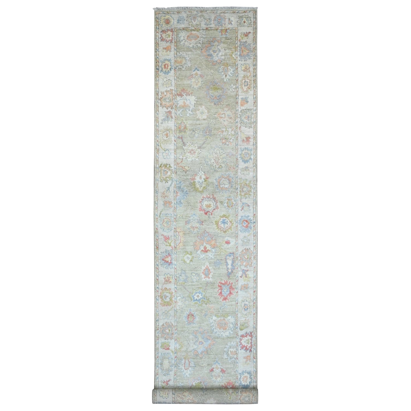 3'X19'10" Green Hand Knotted Angora Oushak Leaf Design Wool Runner Rug