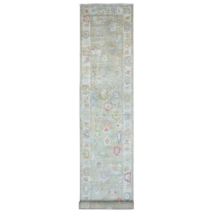 3'X19'10" Green Hand Knotted Angora Oushak Leaf Design Wool Runner Rug