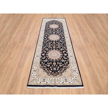 4'X12' Blue Wool Hand Knotted Nain 250 Kpsi Wide Runner Oriental Rug