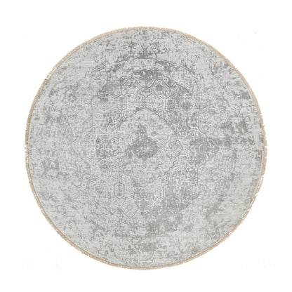 6'7"X6'7" Gray Hand Knotted Broken Farsian Design Wool And Silk Round Rug