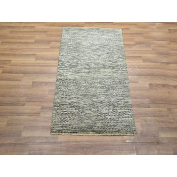 2'X3' Beige Modern Grass Design Hand Knotted Undyed Natural Wool Mat Rug