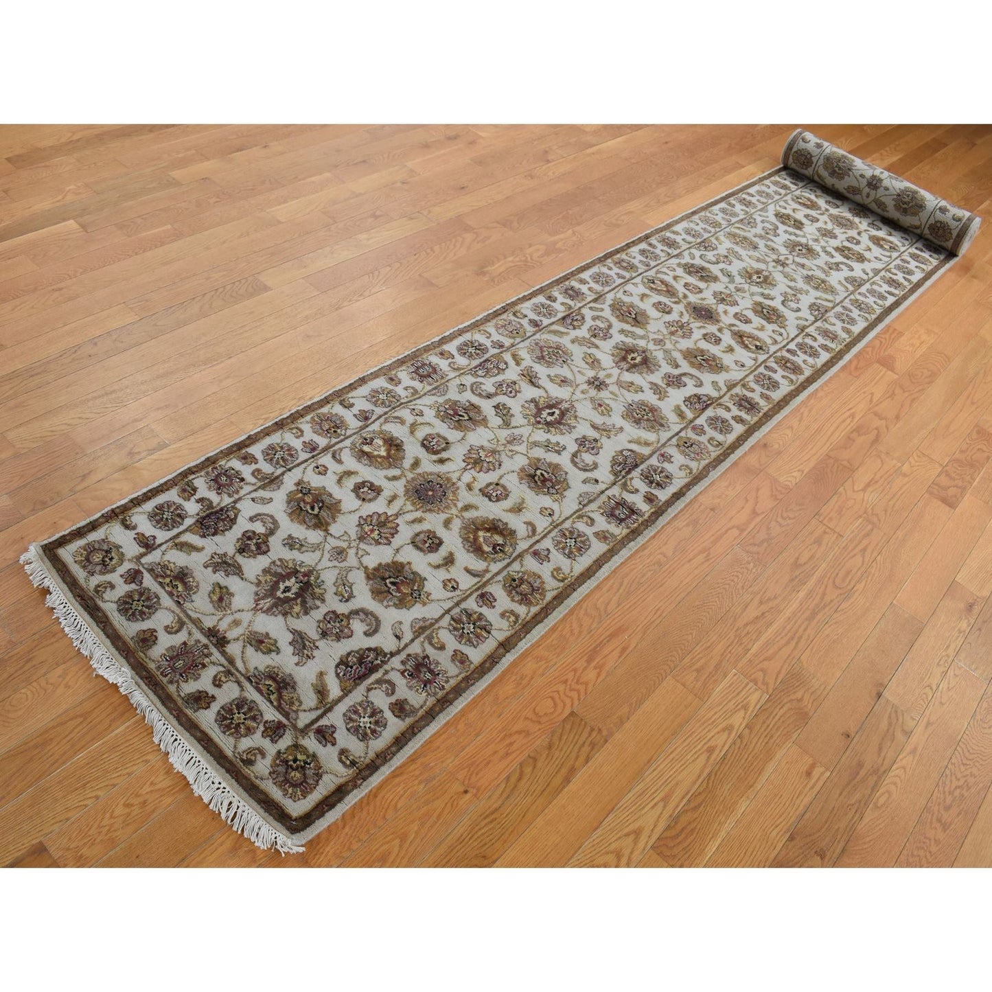 2'7"X16' Bone White Wool And Silk Rajasthan Hand Knotted Xl Runner Rug