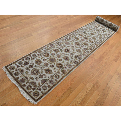 2'7"X16' Bone White Wool And Silk Rajasthan Hand Knotted Xl Runner Rug