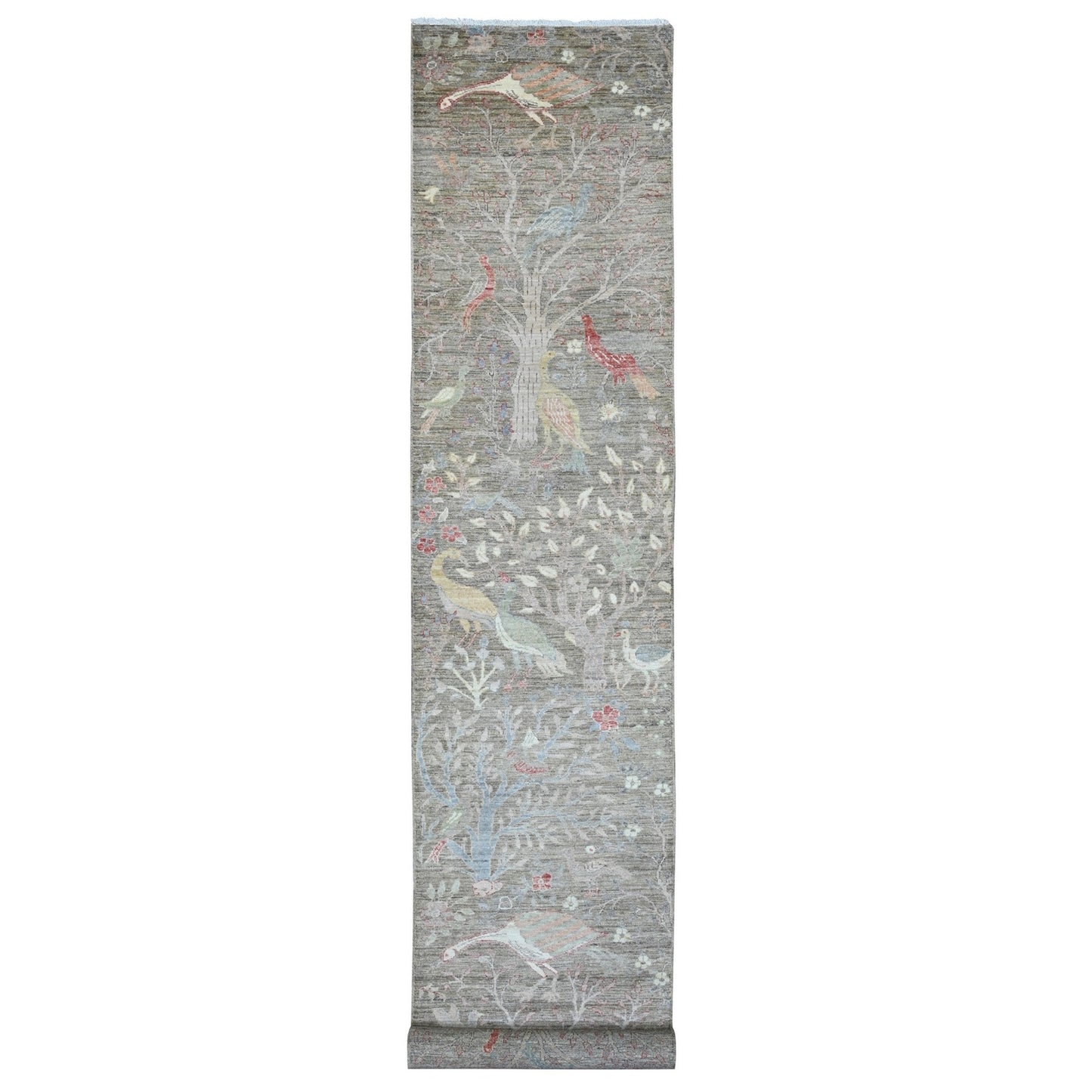 2'9"X15'9" Brown Hand Knotted Peshawar Birds Design Soft Wool Runner Rug