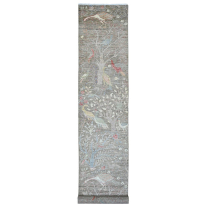 2'9"X15'9" Brown Hand Knotted Peshawar Birds Design Soft Wool Runner Rug
