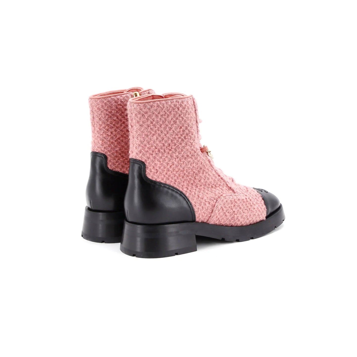 Chanel Women'S Charm Chain Cc Cap Toe Combat Boots Tweed And Leather