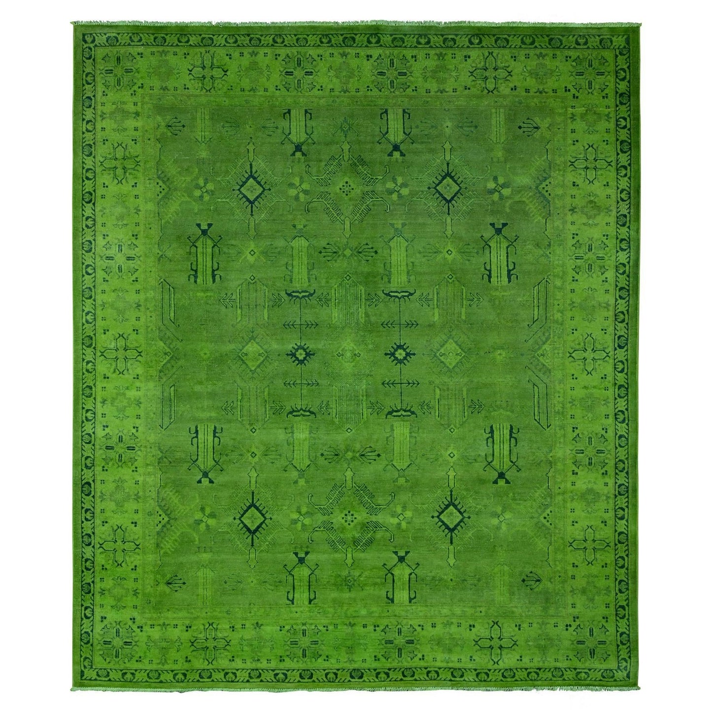 8'X9'6" Green Overdyed Kazak Geometric Pattern Hand Knotted 100% Wool Rug
