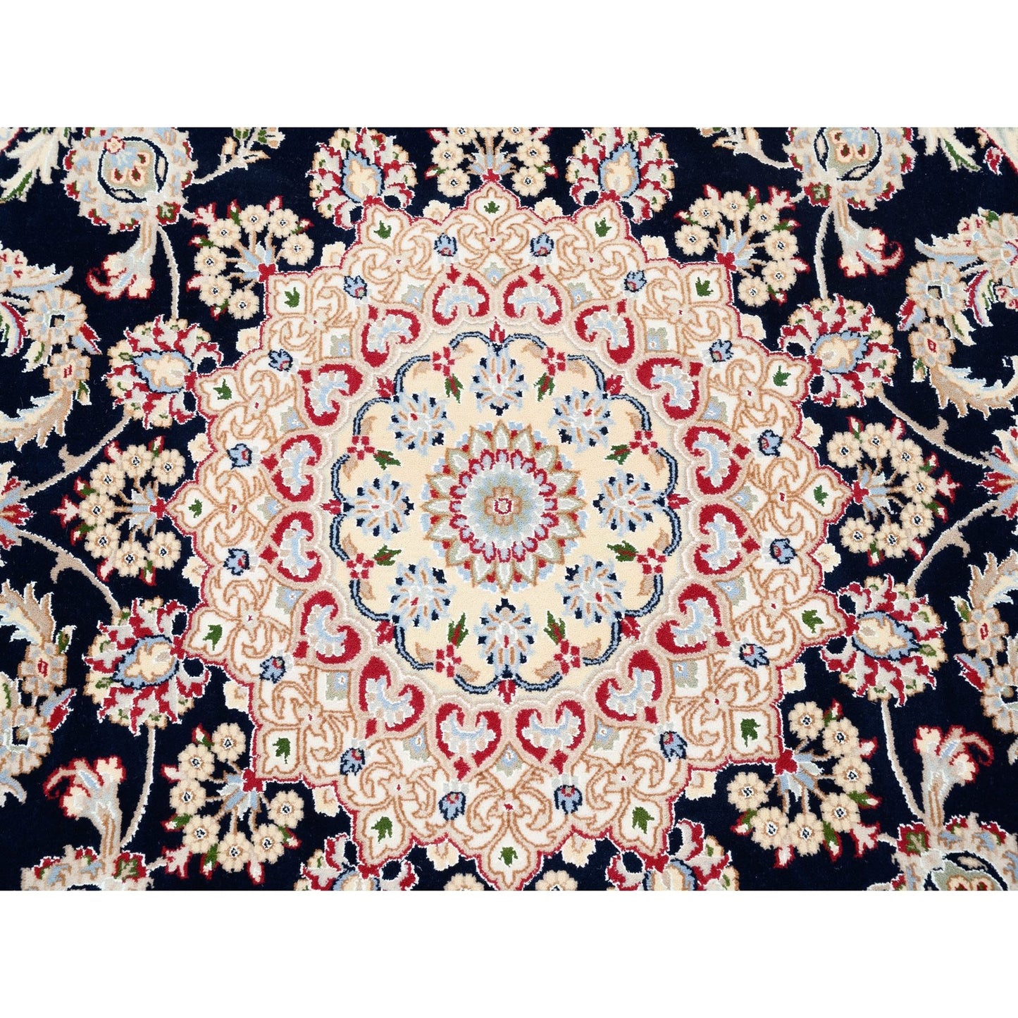 6'X6' Nain Pure Wool 250 Kpsi Navy Blue Hand Knotted Round Oriental Rug