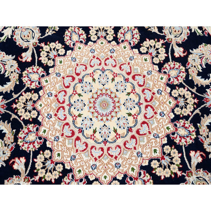 6'X6' Nain Pure Wool 250 Kpsi Navy Blue Hand Knotted Round Oriental Rug