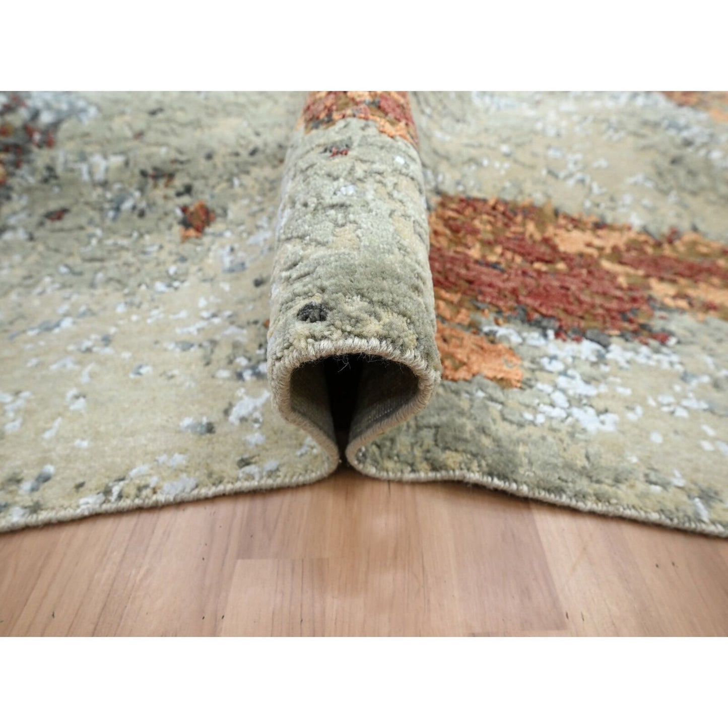9'X12'2" Beige With Rust Pure Wool Abstract Design Hand Knotted Rug