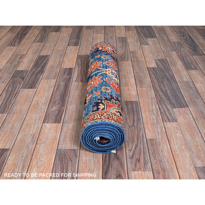 2'10"X9'7" Blue Heris All Over Design Soft Wool Hand Knotted Runner Rug