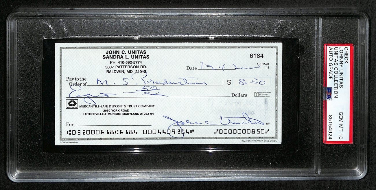 Johnny Unitas Hof Signed/Auto 2000 Bank Check Colts Psa/Dna Gem Mt 10 192625
