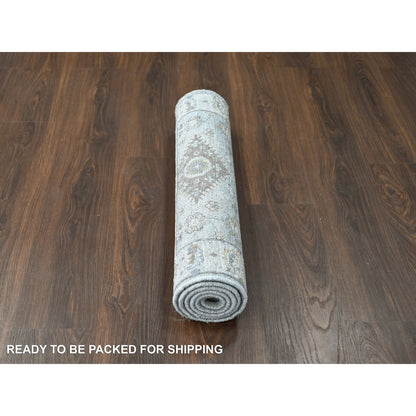 2'7"X6' Flannel Gray Karajeh Geometric Design Hand Knotted Shiny Wool Rug