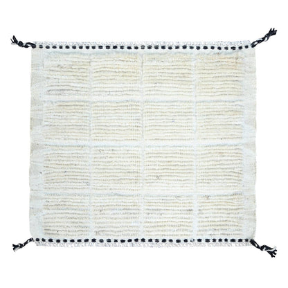 1'8"X2' Bone White Natural Wool Moroccan Weave Grid Design Hand Knotted Rug