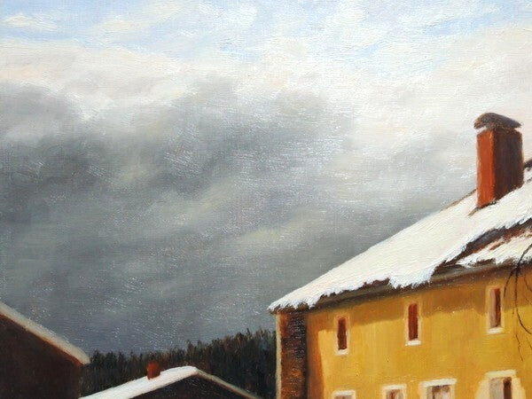 Yvette signed French village oil painting snow landscape
