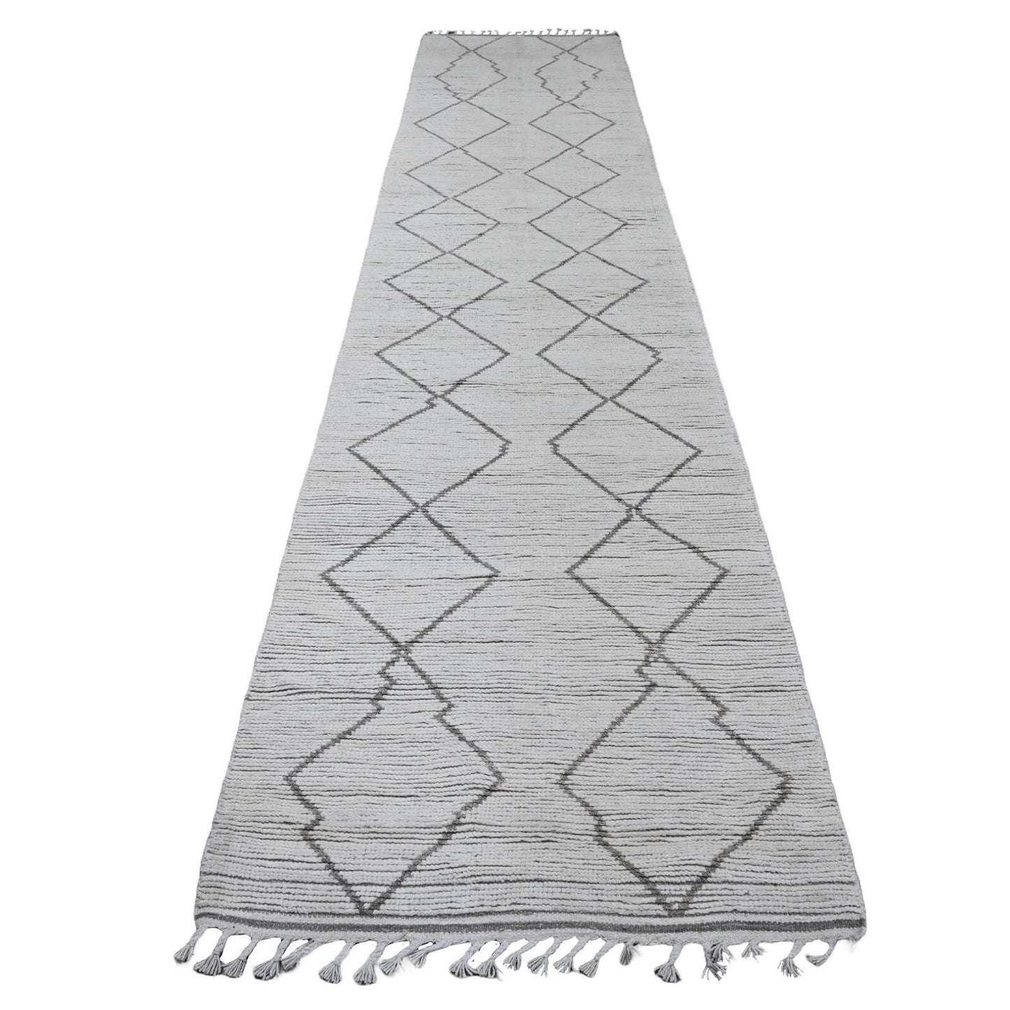 3'3"X15'5" White Geometric Moroccan Weave Wool Hand Knotted Runner Rug