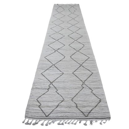 3'3"X15'5" White Geometric Moroccan Weave Wool Hand Knotted Runner Rug