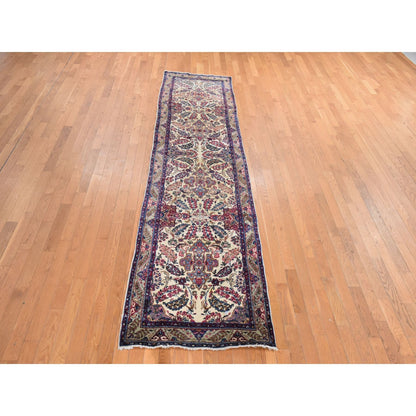 3'X12' Ivory Antique Zoroastrian Karman Wool Runner Rug Hand Knotted