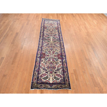 3'X12' Ivory Antique Zoroastrian Karman Wool Runner Rug Hand Knotted