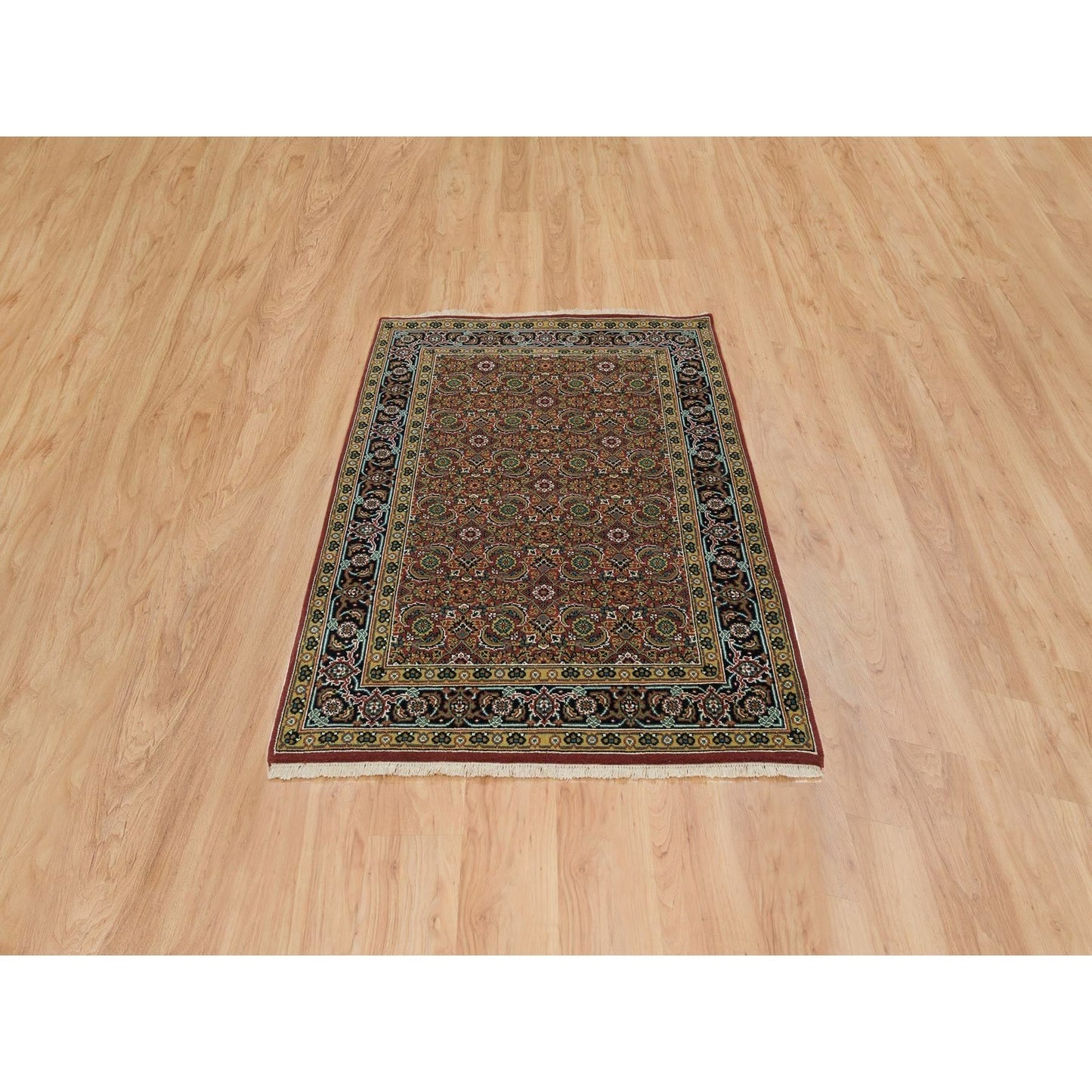 Rug 4'2"x6' Red Herrita Fish Design 175 KSPI Hand Knotted Wool and Silk