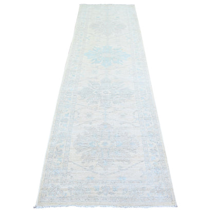 2'9"X9'5" Stone White Wool White Wash Peshawar Hand Knotted Runner Rug