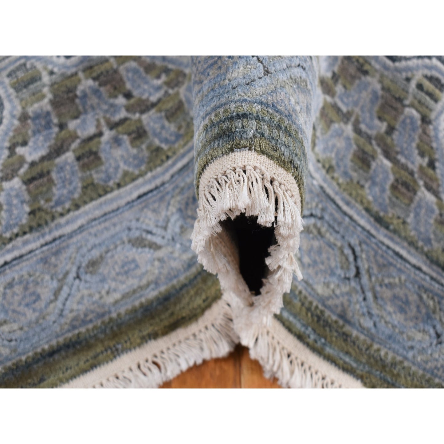 9'X11'7" Cadet Gray Silk With Wool Mamluk Design Hand Knotted Rug