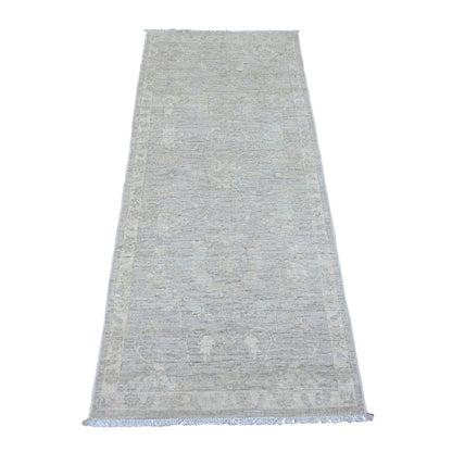 2'6"X5'9" Gray Washed Peshawar Leaf Design Wool Hand Knotted Runner Rug