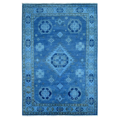 5'9"X8'7" Blue Overdyed Kazak Geometric Design Pure Wool Hand Knotted Rug