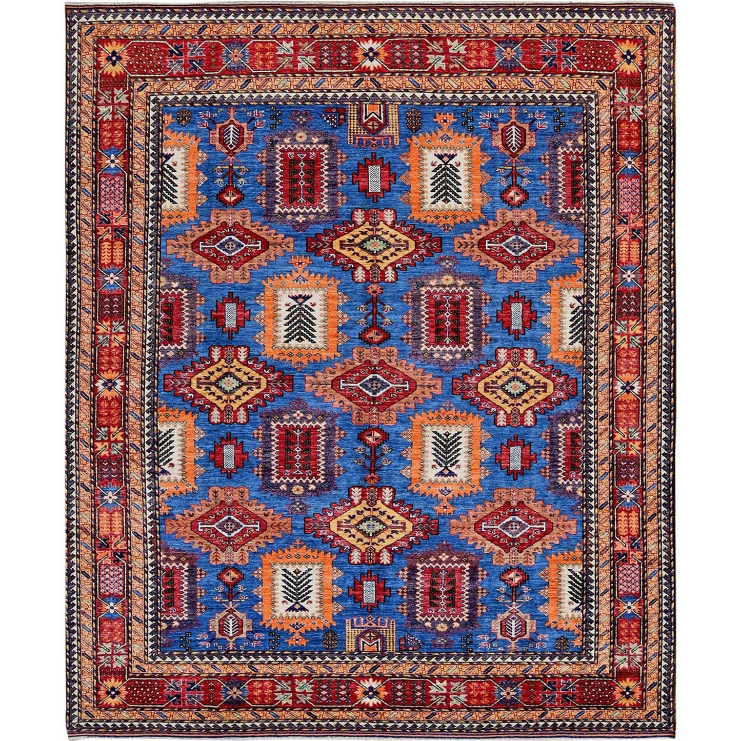 8'2"X9'9" Blue Antique Caucasian Design Revival Hand Knotted Pure Wool Rug