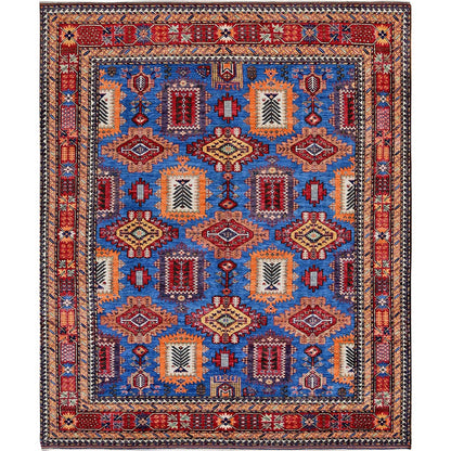 8'2"X9'9" Blue Antique Caucasian Design Revival Hand Knotted Pure Wool Rug