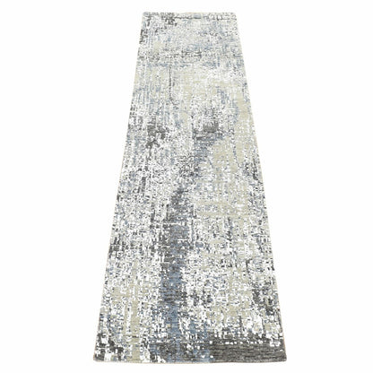 2'6"X10'1" Beige Modern Abstract Design Hand Knotted Pure Wool Runner Rug
