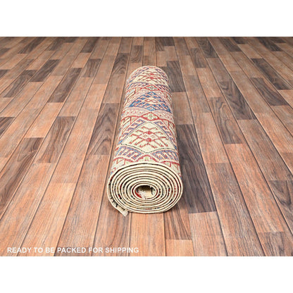 2'10"X13' Ivory Kazak With Geometric Pattern Hand Knotted Wool Runner Rug