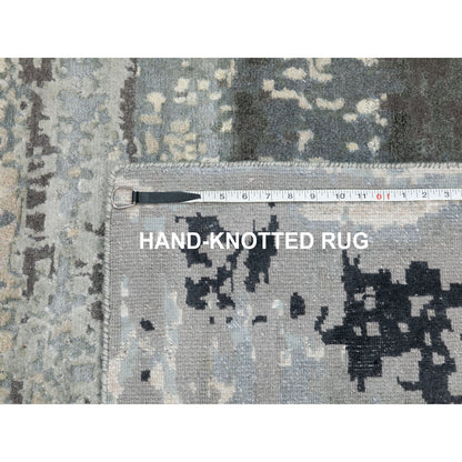 4'1"X10' Gray Abstract Design Wool And Silk Hi-Low Pile Hand Knotted Rug